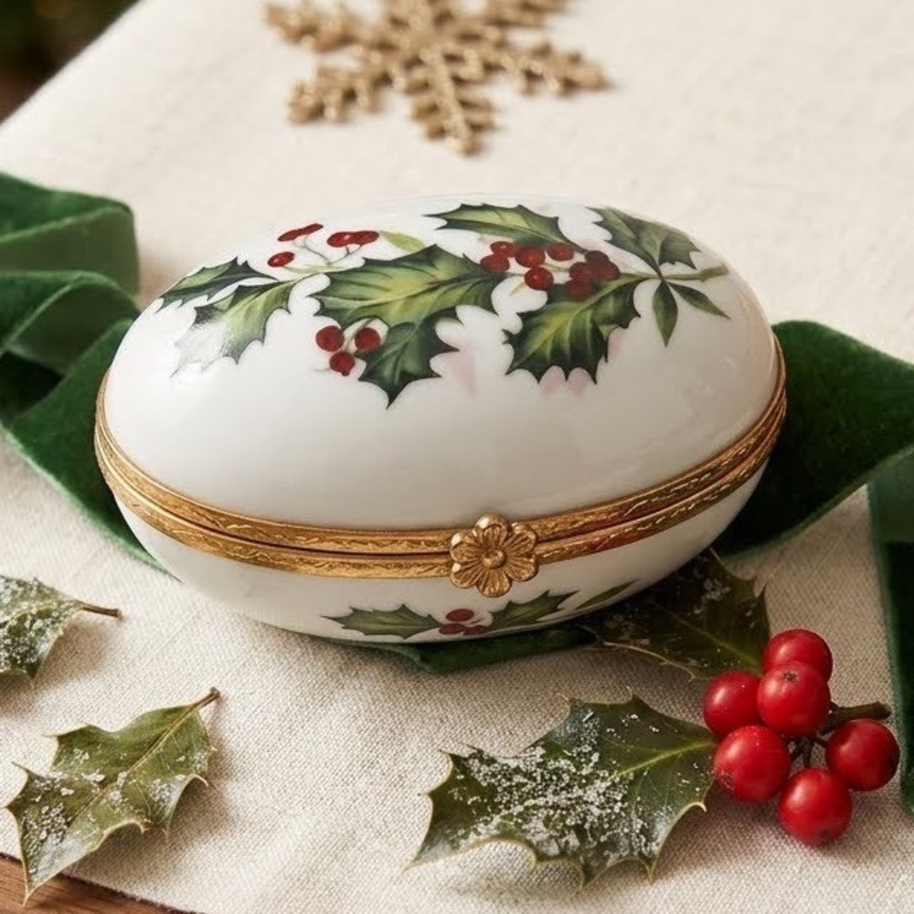 VTG Limoges France Porcelain Egg Trinket Box Holly and Berries Christmas Decor